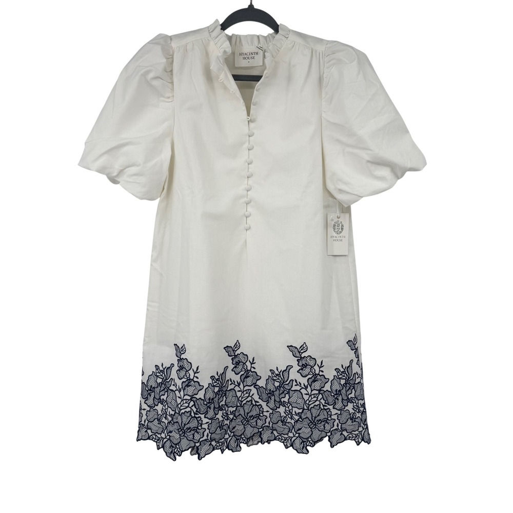 Hyacinth House Mimi Mini Dress Small White Navy Embroidery Puff Sleeve NWT